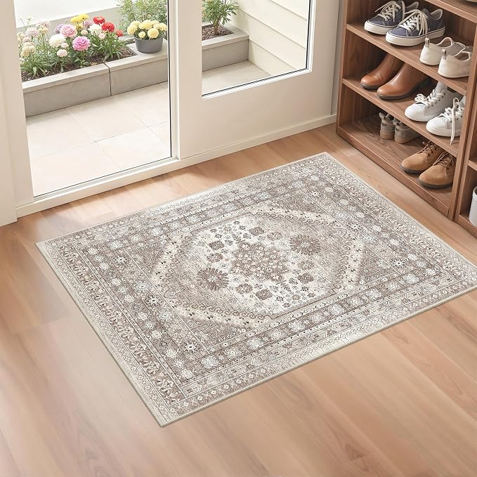 befbee 2x3 Entryway Rug Small Washable Kitchen Rugs Non Slip Front Door Rug Foldable Thin Carpet Low Pile Area Rug for Dining Room Entry Bedroom(Brown/Beige,2'x3')
