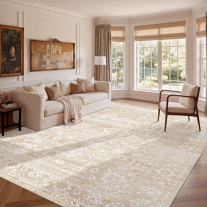 Soalmost Living Room 10x14 Area Rugs, Washable Soft Neutral Rugs Beige | Low Pile Non-Slip Stain Resistant Extra Large Thin Rug, Vintage Throw Carpet for Dining Room Bedroom Farmhouse Home Office