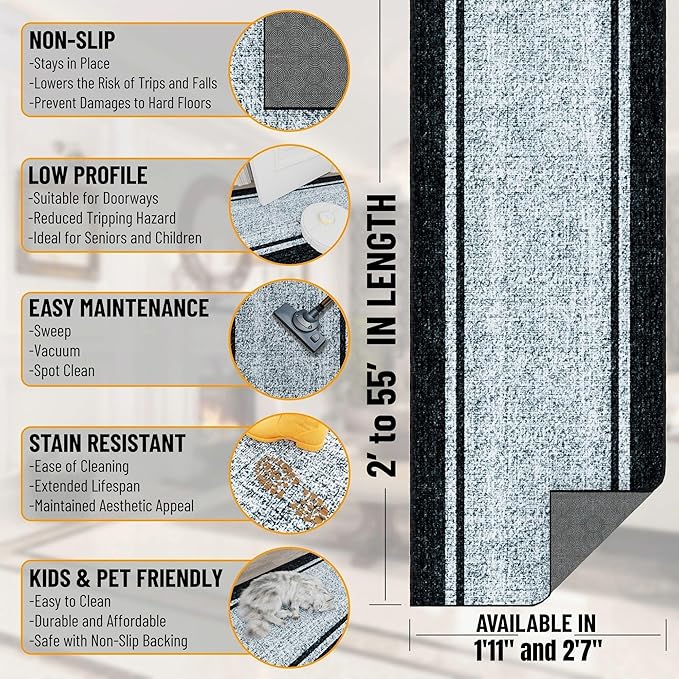 Ottomanson Aisle Runner Rug 2'7" x 46' – Soft Non-Slip Rug, Low Pile Carpet for Hallways, Events, Churches & Extra-Long Indoor Spaces, Border Gray