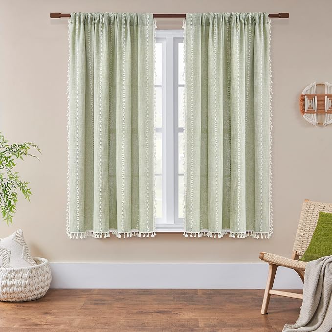 Boho Embroidery Striped Country Farmhouse Curtains - Sage Green Linen - 63 Inch Length, 2 Panels - Light Filtering - Living Room (52" W x 63" L)