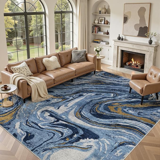DMOYEST 10x14 Area Rug for Living Room - Washable Neutral Modern Abstract Rugs Soft Non-Slip Carpet Low Pile Indoor Floor Mat for Bedroom & Dining Room Decor for Families with Kids and Pet- Dark Blue