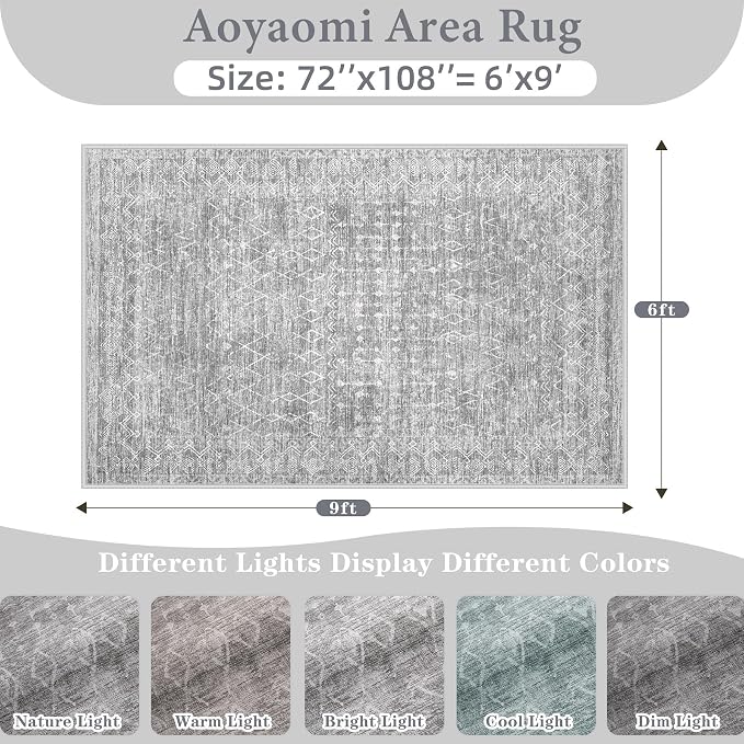 Area Rug for Living Room 6x9: Large Washable Boho Moroccan Rugs Geometric Neutral Rug, Non-Slip Foldable Morden Farmhouse Indoor Floor Carpet for Bedroom Dining Table Home (Moroccan Grey, 6'x9')