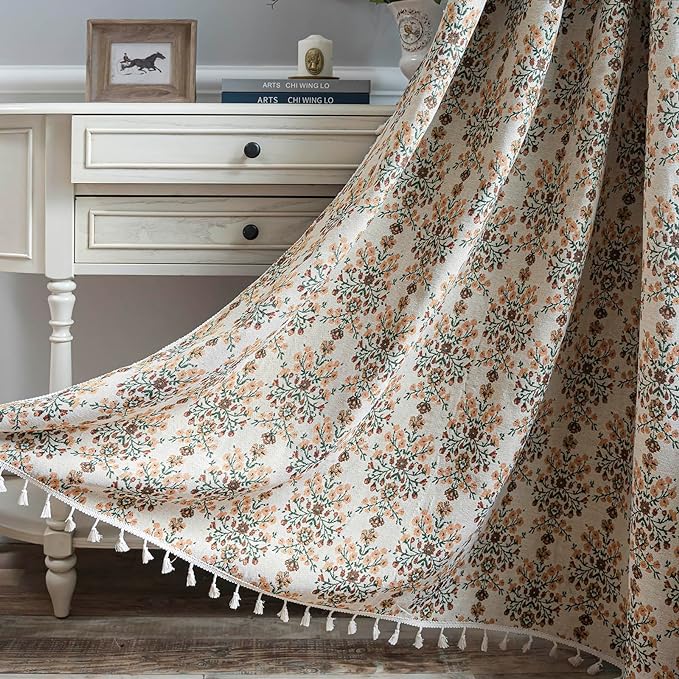 Floral Curtains 63 Inch Length 2 Panels Vintage Flower Patterned Drapes Boho Short Semi Sheer Tassel Rustic Country Rod Pocket Botanical Farmhouse Window Curtain Panels for Bedroom Living Room