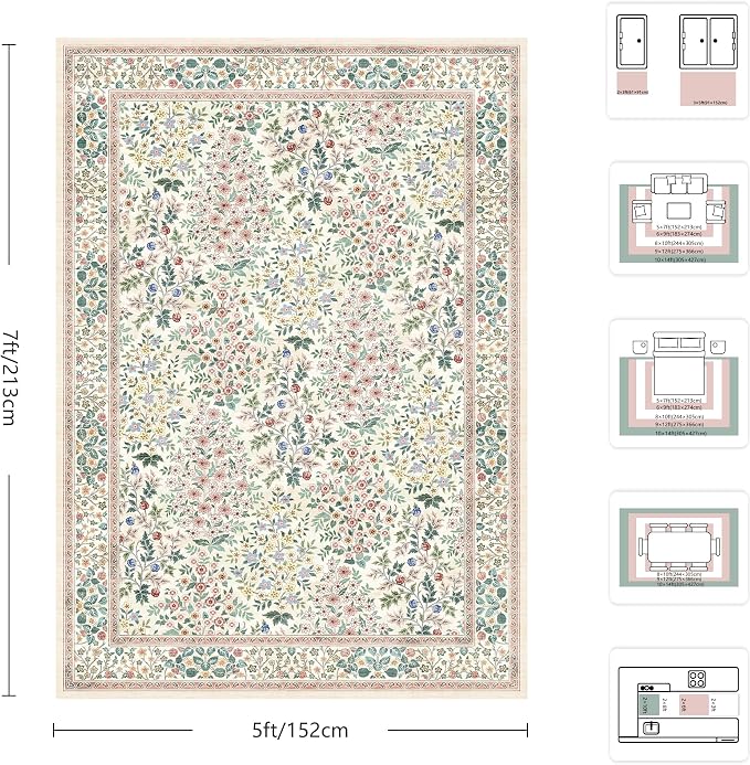 5x7 Area Rugs, Vintage Washable Rug for Bedroom, Indoor Non-Slip Rugs for Living Room, Dining Room, Low Pile Home Decor Floral Rug(Pink Floral)