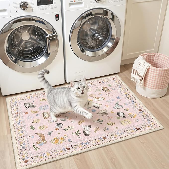 Soalmost 2x3 Cat Rugs for Entryway, Machine Washable Door Mat Animal Floral Small Area Rug Non-Slip Low Pile Soft Throw Rugs for Entrance Kitchen Indoor Front Door Kids Room (2 x 3,Pink)