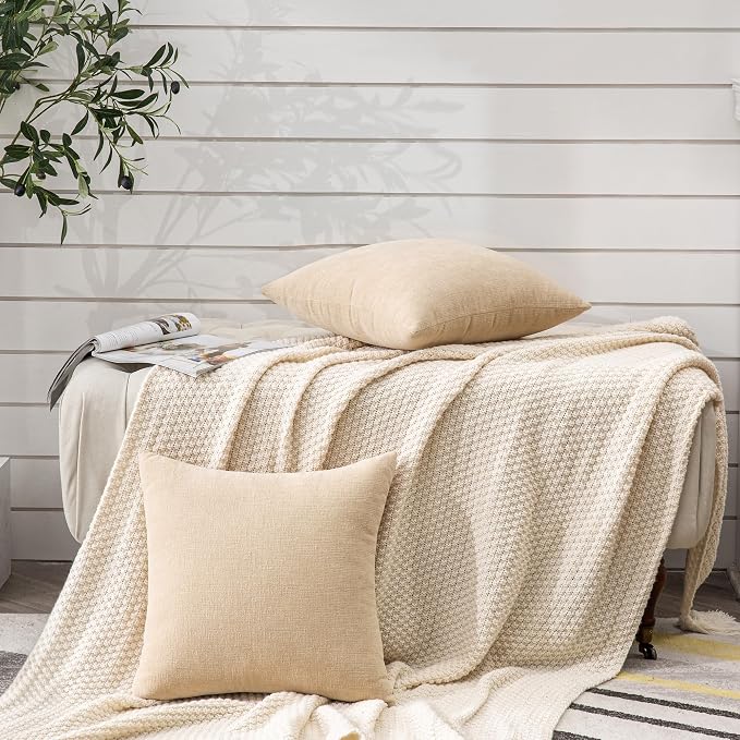 GAWAMAY Decorative Chenille Throw Pillow Covers 26x26 Inch Pack of 2, Soft Square Couch Pillow Cover for Sofa Cushion Living Room Bedroom Solid Dyed Oversized Pillowcases Beige 66x66cm (ONLY Covers)