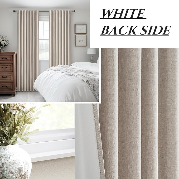 Grayish Flax Linen Blend Black Out Curtains 96 Inch Long for Living Room 2 Panels Set, Elegant Room Darkening Insulated Boho Window Drapes Bedroom Floor to Ceiling Traverse Track Curtain Light Tan