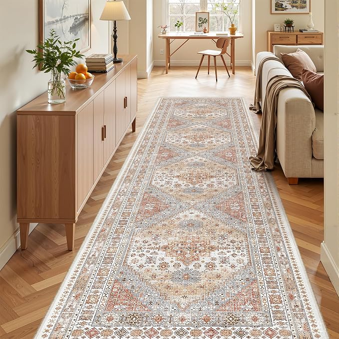zesthome 3x12 Runner Rug for Hallway, Non-Slip Long Bathroom Rugs Runner for Kitchen, Bedroom, Soft Vintage Abstract Washable Rug for Entryway, Thin Floor Mat for Dining Room(Orange,3'x12')