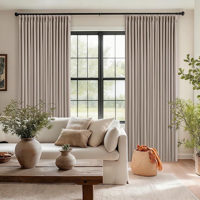 Dark Flax Linen Pinch Pleated 100% Blackout Curtains 90 Inch Length 2 Panels Set Burlywood Birch Tan Brown Pinch Pleat Curtains Black Out Blocking Room Darkening Drapes for Bedroom Living Room Window