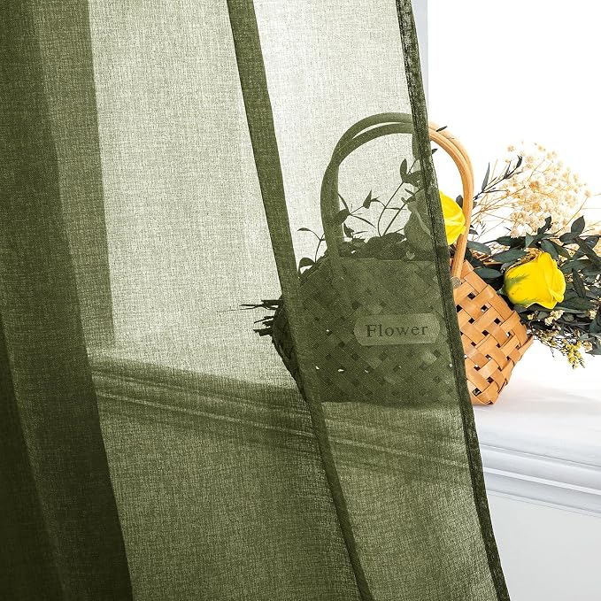 MIULEE 2 Panels Olive Green Semi Sheer Window Curtains Elegant Grommet Top Window Voile Drapes/Treatment Linen Textured Dark Green Panels for Bedroom Living Room (54X72 Inches)