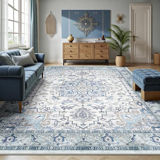 6x9 Area Rugs - Washable Rug Vintage Distress Boho Medallion Rugs for Living Room, Soft Non-Slip Backing Low Pile Carpet for Bedroom Dining Room Office Nursery Dorm Home, Blue Grey Purple