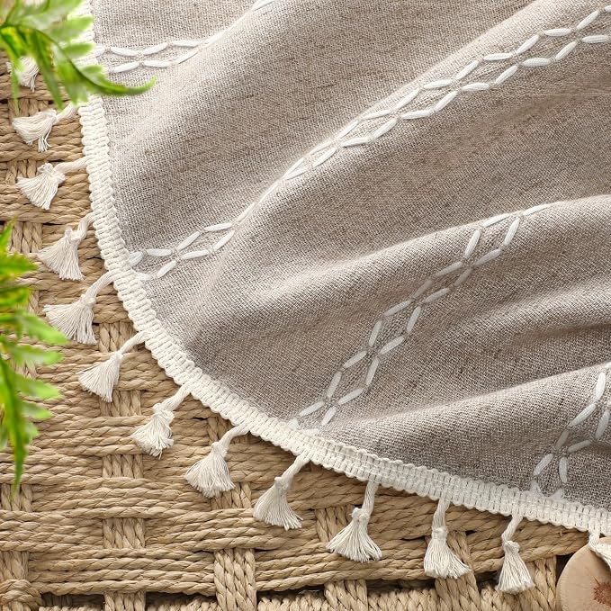 Khaki Brown Boho Blackout Curtains 2 Panels 63 Inch for Living Room Bedroom, Warm Taupe Linen Texture Farmhouse Curtains with Tassels and White Cotton Embroidery Vintage Rustic Country Western