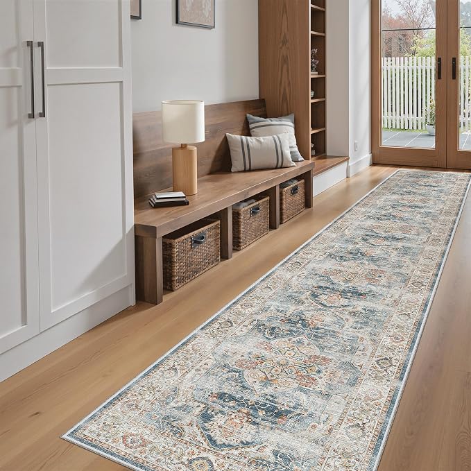 Madane Washable Runner Rugs 2x12 Long for Hallway Kitchen Soft, Navy | Non-Slip Vintage Printed 12ft Rug Runners with Rubber Backing, Low-Pile Floor Carpet Laundry Room Entryway, Corridor