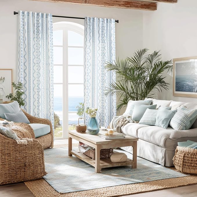 Light Blue and White Chinoiserie Curtains 63 Inch Length for Living Room, Summer Floral Striped Light Filtering Sheer Drapes 2 Panels Set