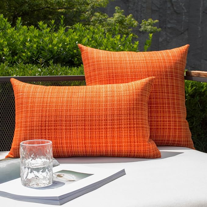 Kevin Textile Pack of 2 Decorative Outdoor Waterproof Fall Pillow Covers Square Garden Cushion Sham Throw Pillowcase Shell for Patio Tent Couch 24x24 Inch Orange