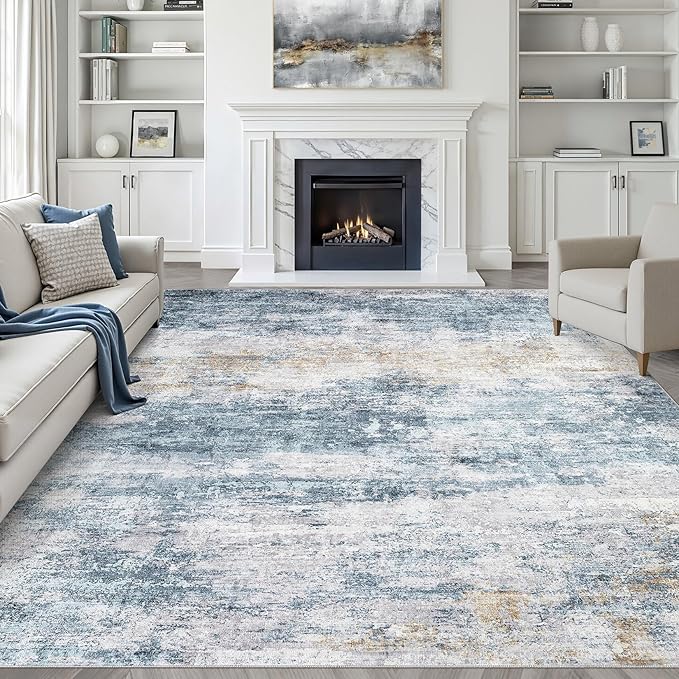 8x10 Area Rugs Living Room: Washable Large Neutral Rug Abstract Soft Modern Stain Resistant Indoor Floor Non-Slip Carpet for Bedroom Nursery Kids Office Playroom Dining Room Under Table- Blue Gold