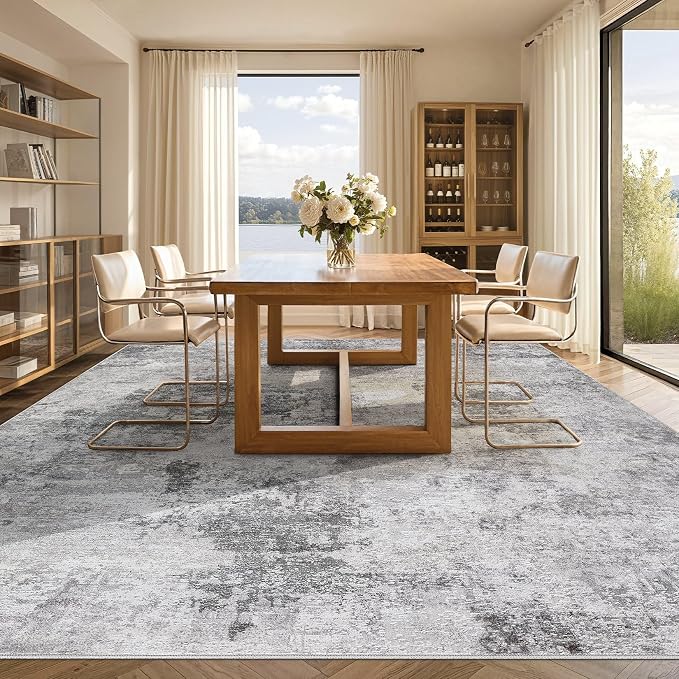 Tortania Washable 9x12 Area Rug for Living Room: Modern Abstract Neutral Large Soft Thin Rugs - Non Slip Indoor Carpet for Bedroom Dining Room Office Nursery Home Floor Decoration - Smoky Gray