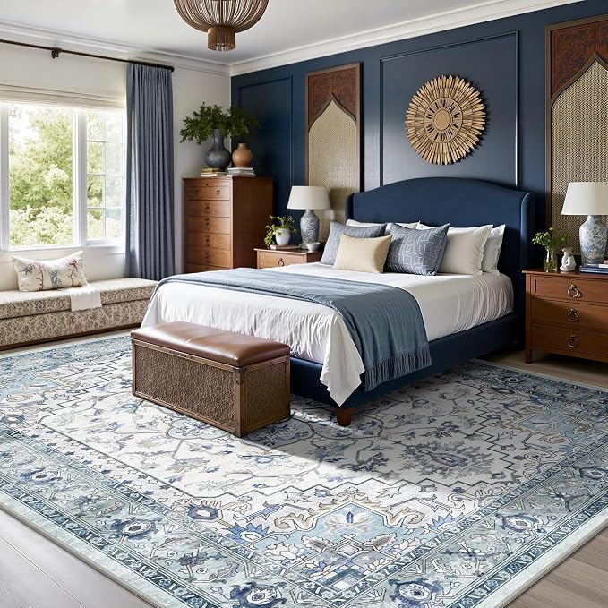 6x9 Area Rugs - Washable Rug Vintage Distress Boho Medallion Rugs for Living Room, Soft Non-Slip Backing Low Pile Carpet for Bedroom Dining Room Office Nursery Dorm Home, Blue Grey Purple