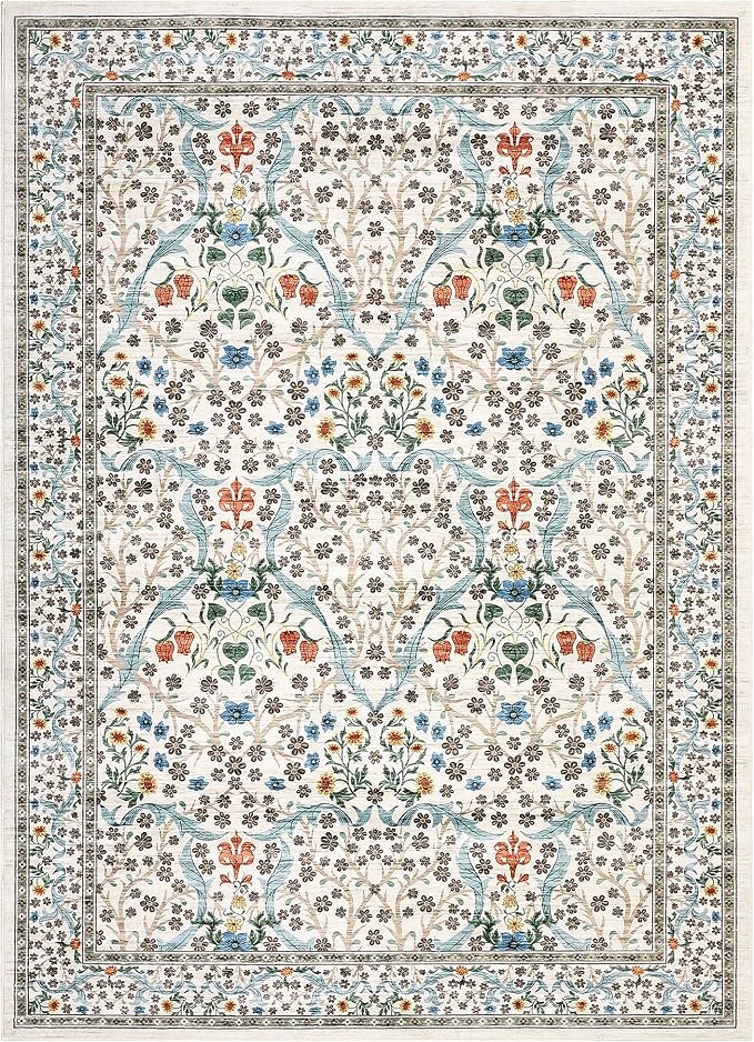 GarveeHome Washable Rug for Living Room, 9x12 Large Area Rug for Dining Room Under Table, Bedroom, Floral Soft Low Pile Non Slip Stain Resistant Carpet for Nursery, Playroom, Office, Beige
