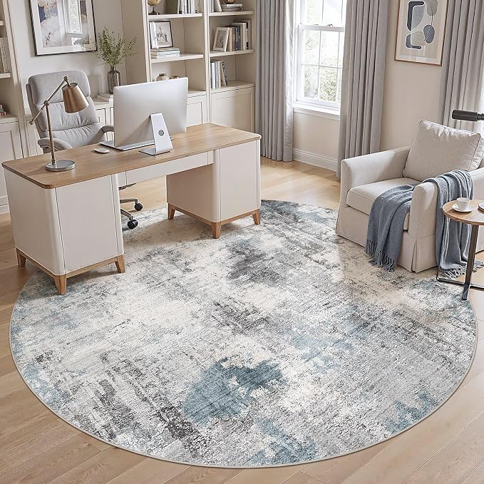Abstract 10FT Round Rug: Machine Washable Non Slip Ultra Thin Low-Pile Carpet, Soft Stain Resistant for Living Dining Room Bedroom, Kid Pet Friendly, Robot Vacuum Compatible - Grey Blue