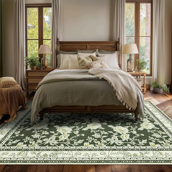 Olive Green Area Rugs 6x9 Living Room Washable Boho Vintage Sketch Floral Cream Beige Rugs for Bedroom Non Slip Soft Carpet for Dining Room Kids Girls Nursery, Lounge Peony Lily Pattern Floral Rug
