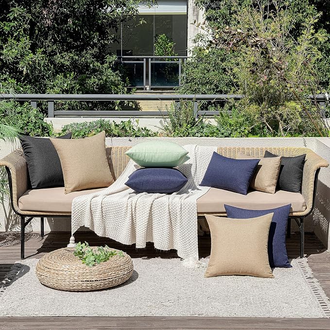 MIULEE Pack of 2 Decorative Outdoor Solid Waterproof Throw Pillow Covers Faux Linen Garden Farmhouse Cushion Cases for Patio Tent Balcony Couch Sofa 18x18 Inch Light Tan