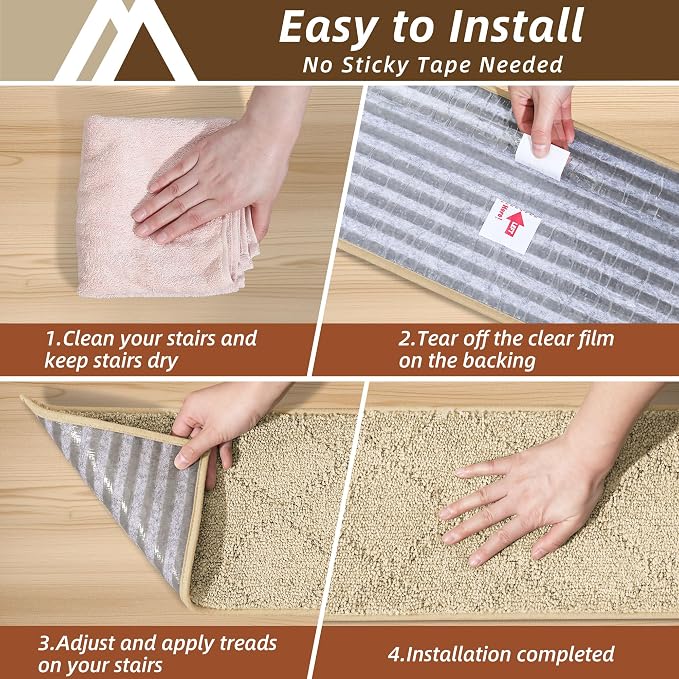COSY HOMEER Stair Treads for Wooden Steps 9"x28",Washable Non Slip Peel and Stick Carpet Stair Treads with Reusable Residue Free Backing Soft Pet Friendly Stair Runner for Kids Elders,Warm Beige,10pcs