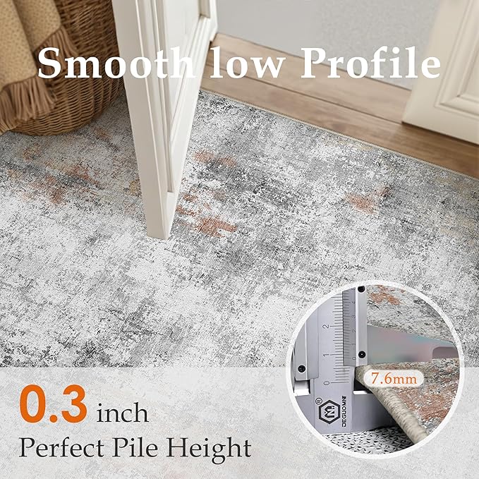 5x7 Washable Area Rug Rust Grey Abstract Non Slip Soft Low Pile Rug for Living Room Bedroom Dining Room Office Neutral Modern Indoor Throw Carpet for Home Decor