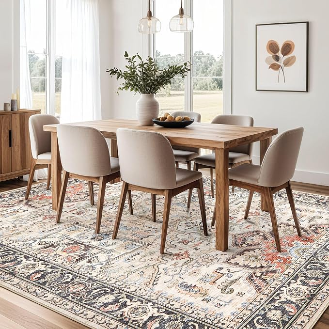 8x11 Area Rugs for Living Room - Large Carpet Ultra Thin Soft Washable Oriental Vintage Floral Distressed Rug Big Indoor Carpets for Bedroom Nursery Dorm Home Decor Aesthetic - Multi Color