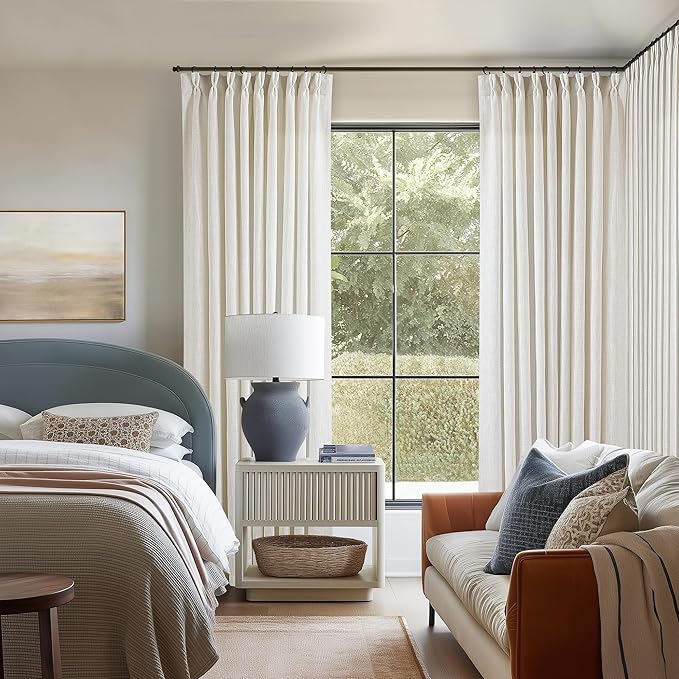 60 Inch Width Curtains 92 Inches Long Linen Pinch Pleated Curtains for Living Room Bedroom Semi Sheer Back Tab Hooks Rings Extra Wide Pinch Pleat Drapes for Patio Glass Door Natural Cream 1 Panel