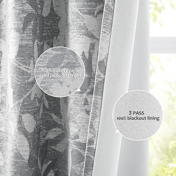 Randall 90% Blackout Faux Linen Curtain Farmhouse Gray Floral Print Pattern 90 Inch Long Thermal Insulated Back Tab Drape for Living Room Bedroom Country Vintage 2 Panels Set Rod Pocket Gray on Beige