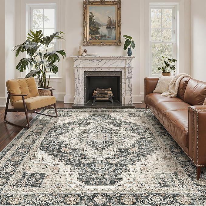 Roxstand 6x9 Area Rugs for Living Room, Washable Rug with Non-Slip Backing, Ultra-Thin Rugs for High-Traffic Areas, Super-Soft Floral Vintage Farmhouse Large Area Rug (Black/Beige, 6'x9')