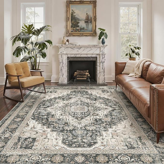 Roxstand 5x7 Washable Area Rug, Non Slip Low Pile Rug, Black/Beige | Non-slip Backing,Low Pile Carpet,Stain Resistant, Rugs for Living Room, Bedroom, Dining Room, Office