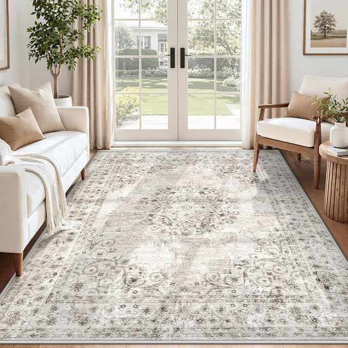 Area Rug 5x7 Vintage Rug: Washable Indoor Medallion Rugs Low Pile Distressed Floor Carpet Retro Accent Rug for Living Room Bedroom Kitchen Dining Table Home Office(Distressed Taupe, 5'x7')