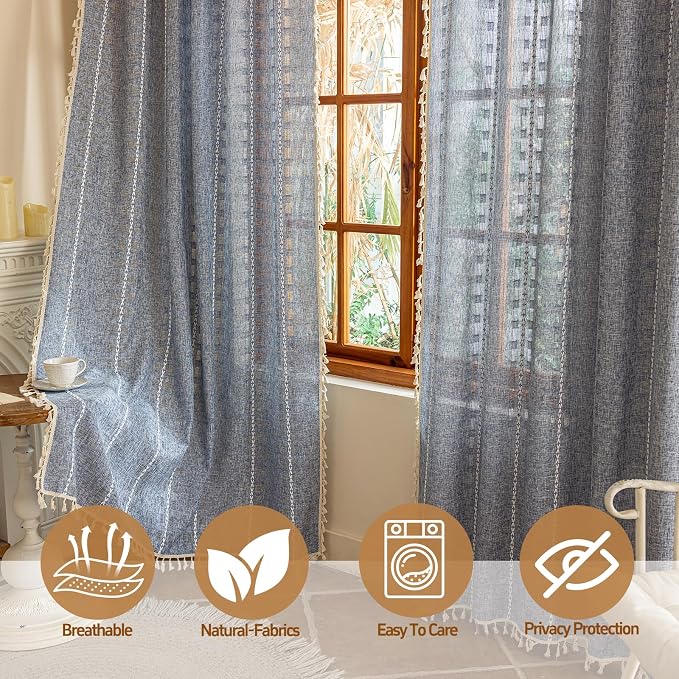 Boho Curtains 90 Inches Long 2 Panels for Bedroom Windows, Bohemian Semi Sheer Drapes, Farmhouse Privacy Beige Tassels Vintage Chic Drape Embroidery Window Treatments,Back Tab & Rod pocket Denim Blue