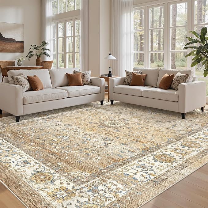 befbee Washable Area Rug 8x10, Large Soft Rugs for Living Room - Stain Resistant Non-Slip Backing Rugs for Bedroom, Vintage Large Area Rug (Turmeric/Grey,8'x10')