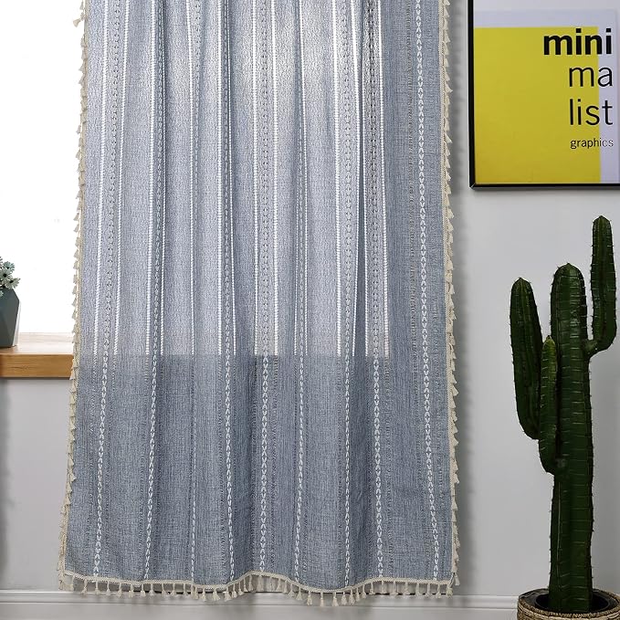 RoomTalks Blue Boho Modern Farmhouse Curtains for Bedroom Living Room 96 Inch Length 2 Panels Cottage Country Linen Window Curtain Panels Striped Bohemian Chic Tassel Draperies