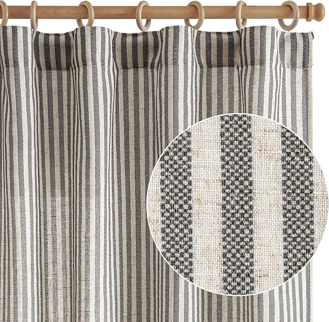 jinchan Linen Curtains 96 Inch Black Stripe on Beige Back Tab 2 Panels | Curtains For Living Room Bedroom,Ticking Stripe, Farmhouse Cottage Core Rustic,Rod Pocket Window Treatment,Light Filtering