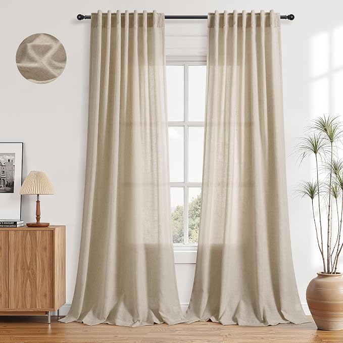 Aersas Taupe Burlywood Linen Curtains 96 Inches Length for Living Room Flax Texture Wave Fabric Semi Sheer with Rod Pocket Back Tab for Bedroom Balcony Light Filtering Neutral Home Decor 52x96
