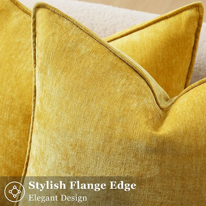 decorUhome Fall Couch Throw Pillow Covers 18x18 Set of 2, Decorative Soft Velvet Modern Cozy Chenille Pillow Cases with Elegant Design for Sofa Bed Living Room Home Decor, Mineral Yellow