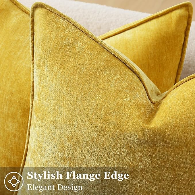 decorUhome Fall Couch Throw Pillow Covers 16x16 Set of 2, Decorative Soft Velvet Modern Cozy Chenille Pillow Cases with Elegant Design for Sofa Bed Living Room Home Decor, Mineral Yellow