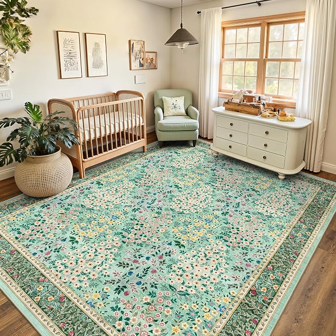 8x10 Area Rugs, Machine Washable Low Pile Floral Rugs for Living Room, Bedroom, Large Boho Area Rug with Non-Slip Backing for Dining Room(Green Floral)