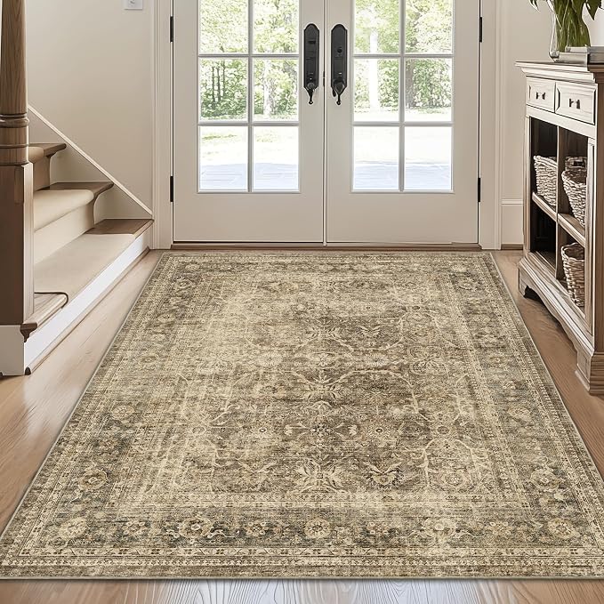 FMFUNCTEX 4x6 Washable Area Rug Neutral Vintage Brown Non Slip Low Pile Traditional Indoor Carpet for Entryway Living Room Bedroom Soft Retro Floral Mat Throw Rug for Dining Office Kitchen Entryway