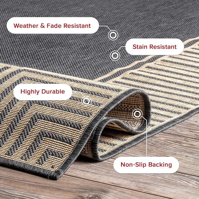 Nuloom Asha Dark Grey/Ivory, 6'7" x 9', Casual, Striped Border, Soft and Cozy, High Traffic, Stain Resistant, Easy Clean, Durable Area Rug for Indoor/Outdoor Patio, Deck, Porch, Garden, Courtyard