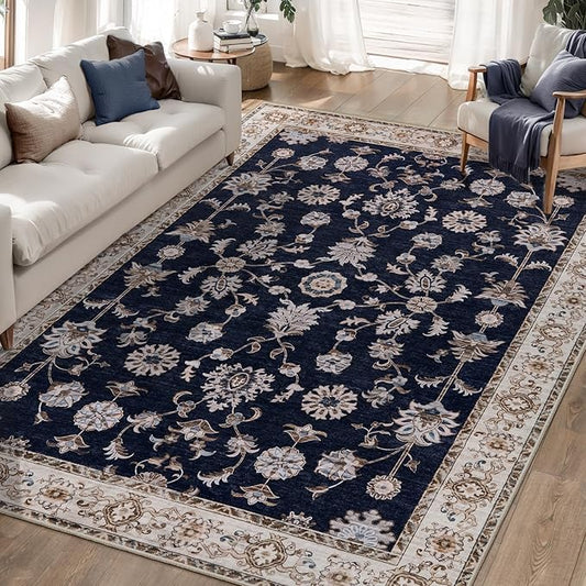 Tangsoo 5x7 Washable Area Rugs for Living Room Non Slip, Vintage Black Beige Floral Rug for Bedroom Laundry Office, Soft Low Pile Stain Resistance Retro Indoor Boho Carpet Mats for Dinning Room Mat