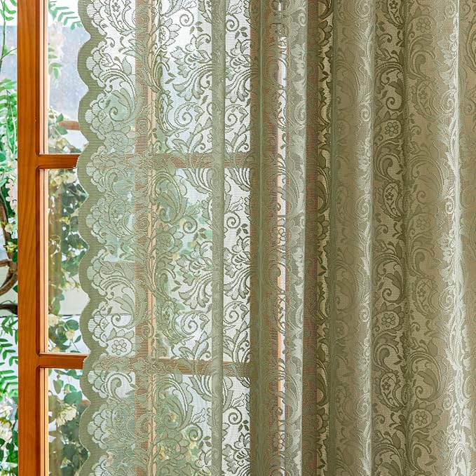 ALIGOGO Sage Green Lace Curtains 96 Inches Long - Country Rustic Floral Lace Sheer Curtains 2 Panels Set for Living Room, Privacy Scalloped Window Drapes, 52 x 96 Inch, Sage Green