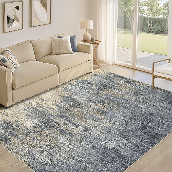 Area Rugs 6x9 Living Room: Washable Large Abstract Modern Neutral Soft Rug Stain Resistant Non-Slip Backing Carpet for Bedroom Dining Room Indoor Nursery Dorm Home Office Decor - Blue Gold