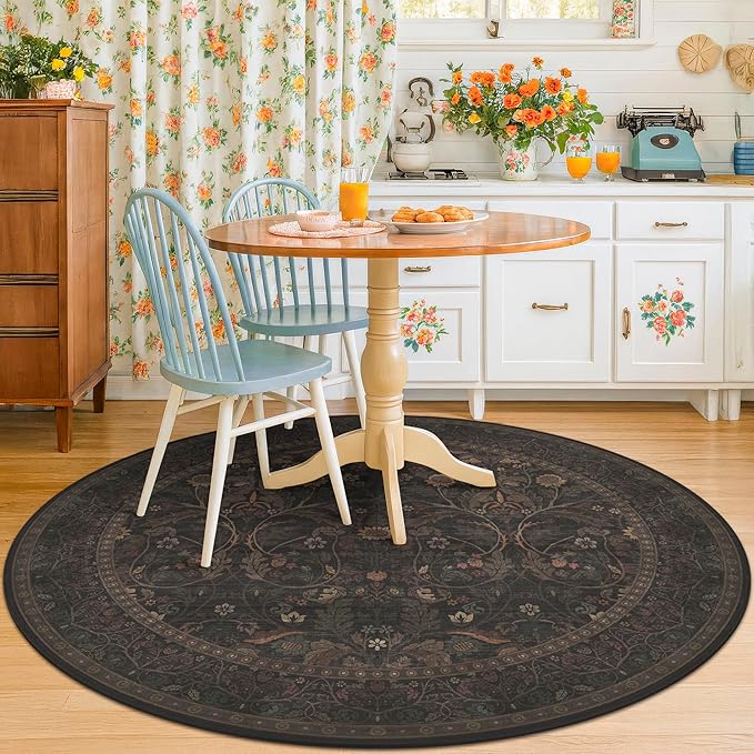 Floral 6ft Round Carpet for Dining Room Under Table, Thin Low Pile Soft Botanical Patern Area Rug for Bedroom, Living Room, Traditional Home Décor Non Skid (Black and Brown)