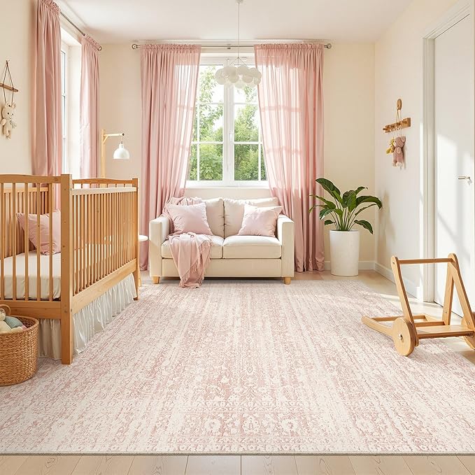 Soalmost Pink 8x10 Area Rugs for Baby Girl Nursery, Washable Soft Rugs | Vintage Floral Non-Slip Low Pile Throw Carpet for Living Room Dining Room Bedroom Kids Playroom 8'x10'