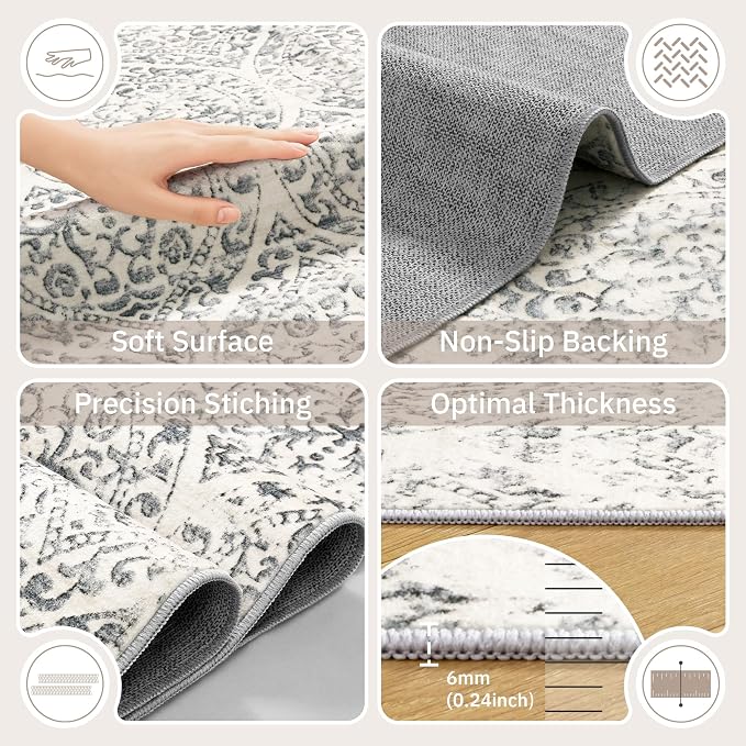 Soalmost 6x9 Area Rugs for Living Room, Washable Moroccan Trellis Soft Rug | Non-Slip Low Pile Rug Soft Throw Carpet for Dining Room Bedroom Home Office Nursery Grey, 6'x9'